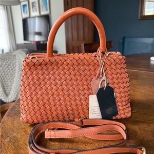 Woven Leather Satchel Handbag in Burnt Orange